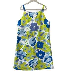 Marimekko Dress Girls L 10-12 Sundress Keyhole Cotton Stretch Blue Green Floral